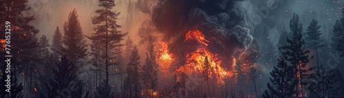 Hyper-realistic scene of a forest with a large fireball and black smoke, showcasing nature's fury
