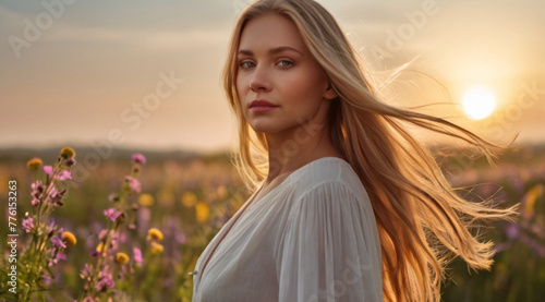 Natural beautiful woman with long flowy hair on the meadow full of wildflowers © triocean