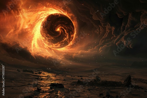 Realistic depiction of a giant fireball with swirling black smoke over a desolate landscape photo