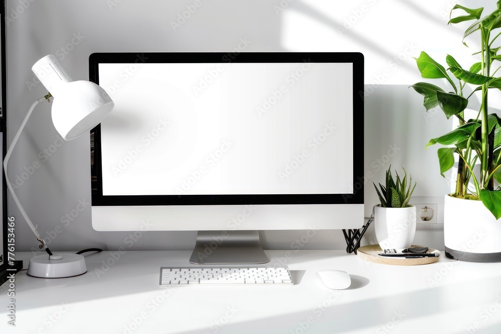 Fototapeta premium Minimalist office background computer display mockup