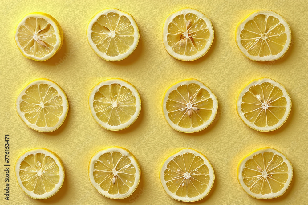 Bright and Fresh Lemon Slices Arranged in Pattern on Yellow Background, Top View for Food and Drink Concept Bright and Fresh Lemon Slices Arranged in Pattern on Yellow Background, Top View for Food and Drink Concept