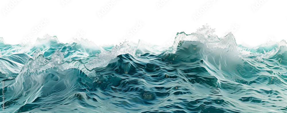 Turquoise ocean waves cresting with foam isolated on transparent background - obrazy, fototapety, plakaty 
