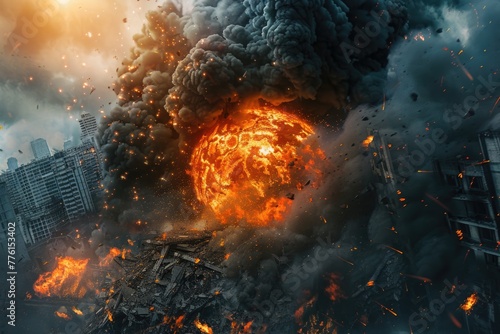 Realistic fireball with swirling black smoke above a collapsed building, highlighting disaster's aftermath photo