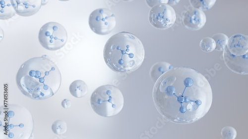 3D rendering Cosmetics Blue Serum bubbles on defocus background. Collagen bubbles Design. Molecule inside a liquid bubble. Essence Ball Molecules. 