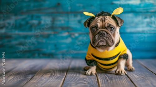 A pug in a bee outfit sits against a blue backdrop, capturing a quirky expression that's perfect for World Bee Day.