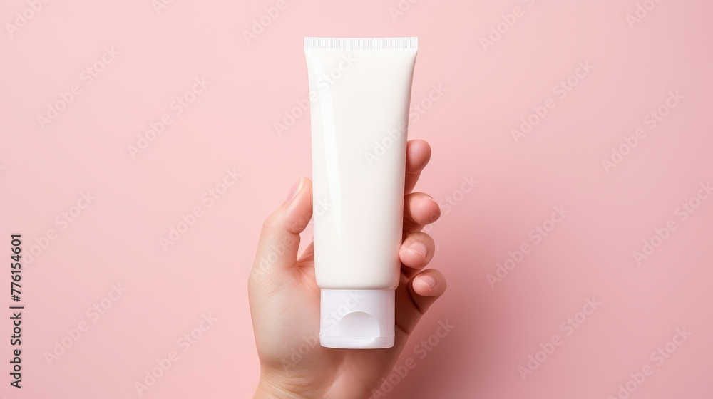 Hand holding empty white cosmetic cream tube Hand holding empty white cosmetic cream tube