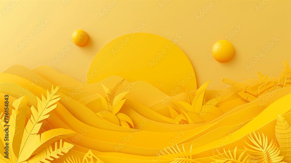 Abstract yellow landscape with sun and plants.