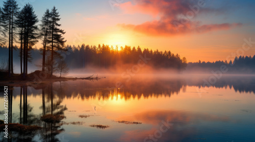 landscape with misty lake at sunrise © mimadeo