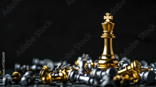 golden chess king standing on a board among fallen chess pieces on a black background