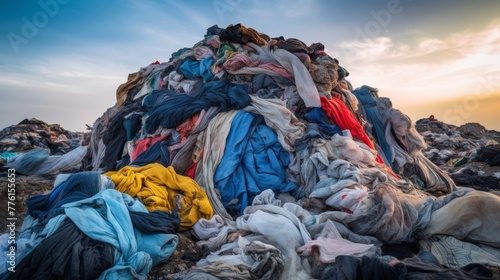 Pile of discarded clothing in landfill highlighting issues of fast fashion and sustainability 