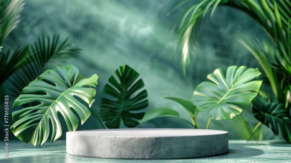 The round stone podium is set against a light architectural backdrop with marble elements and monstera leaves with natural lighting from the sun