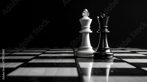 The king of white chess pieces stands next to the queen of black chess pieces on a chess board photo