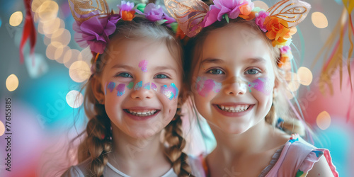 Two cute little girls dressed as magic fairies have their faces painted with a facepaint. Children wearing costumes at a party outdoors.