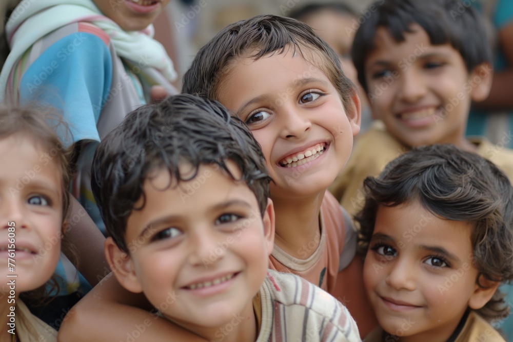 Kids with happy facial expressions posing for a photograph. Generative AI Kids with happy facial expressions posing for a photograph. Generative AI