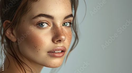 A Close-Up Portrait Capturing the Delicate Features and Natural Glow of a Woman  Illuminated by Soft Lighting