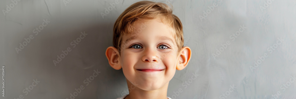 Cute young child with prominent protruding ears on a light background. Most commonly treated auricular deformity. Setback otoplasty banner. - obrazy, fototapety, plakaty 