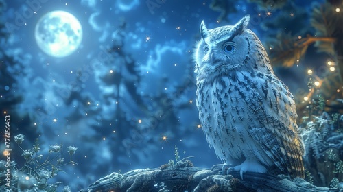 Midnight Watcher: Capturing the Spellbinding Aura of an Owl Amidst a Moonlit Forest Glade photo