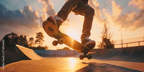 Teenage skater riding on a skateboard in urban area on sunny summer evening.