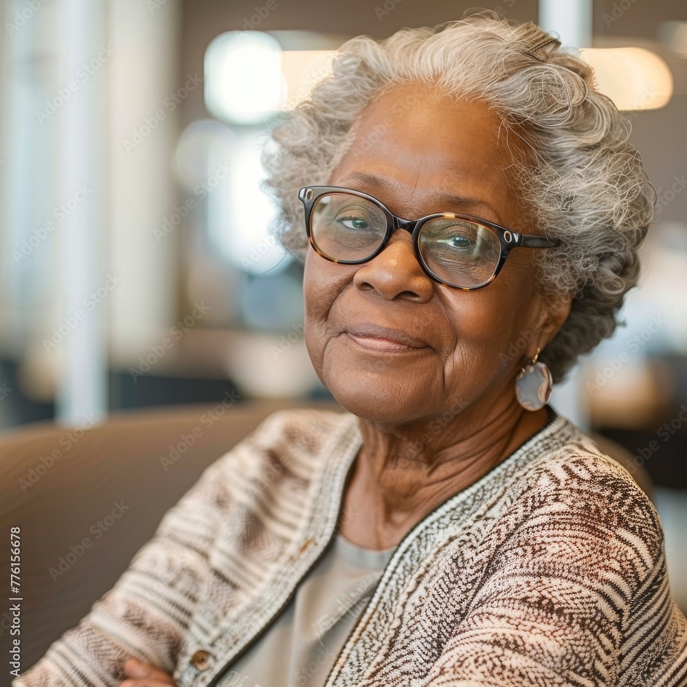Portrait of a smiling elderly African American woman possibly for healthcare or senior lifestyle content Portrait of a smiling elderly African American woman possibly for healthcare or senior lifestyle content