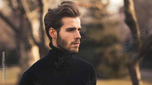 Homem vestindo uma blusa de gola alta preta ao ar livre  photo