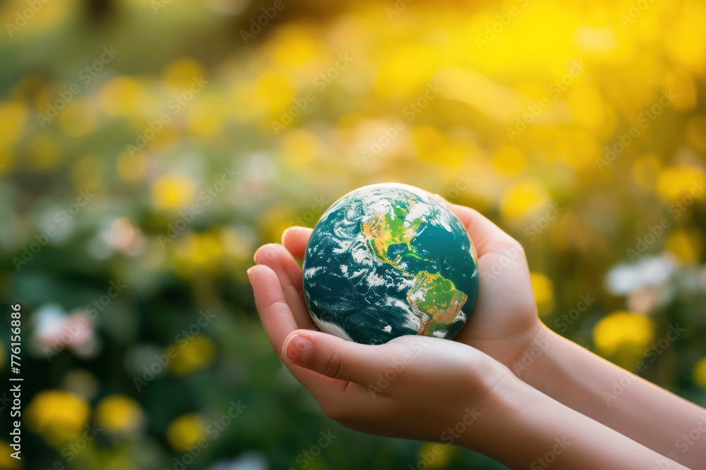 hands hold a miniature Earth nature blured background hands hold a miniature Earth nature blured background