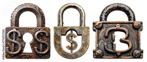 Three financial security padlocks, security icon to protect your money and finances, dollars, USD, Bitcoin, locked and secure, isolated on a transparent background