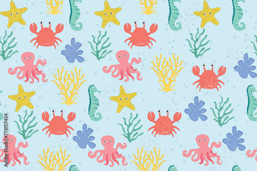 Colorful seamless pattern with sea animals. Trendy cartoon pattern of seashells for wrapping paper, wallpaper, stickers, notebook cover. © Oksana Kalashnykova