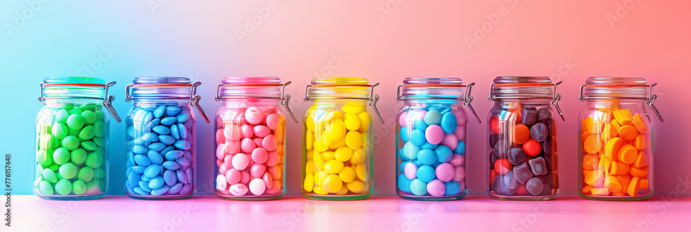 Colorful candy jars on a table on bright colorful pastel background. Colorful candy jars on a table on bright colorful pastel background.