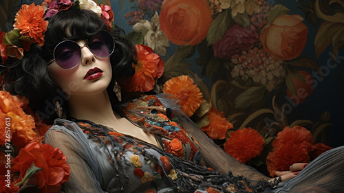 portrait of a bohemian woman lounging surrounded by maximalist florals, orange flowers with space for text, asset, photo