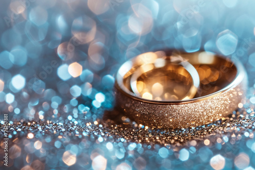 Pair of shiny wedding rings on a sparkling background, with copy space, luxury.