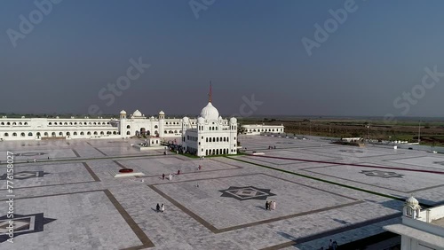 The Kartarpur Sahib, Gurdwara Darbar Sahib Kartarpur, a Sikh temple in the town of Narowal in Punjab State of Pakistan, Asia . Drone view photo