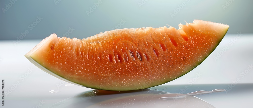 A watermelon slice atop a white table, adjacent to a glass A watermelon slice atop a white table, adjacent to a glass