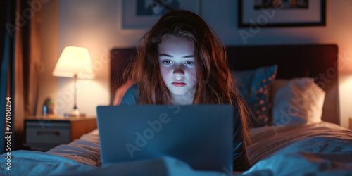 Young ten years old student using her laptop computer at home. Teenage girl studying at her room. Child doing homework using a computer.