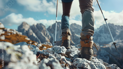 A man is hiking up a mountain with a pair of trekking poles