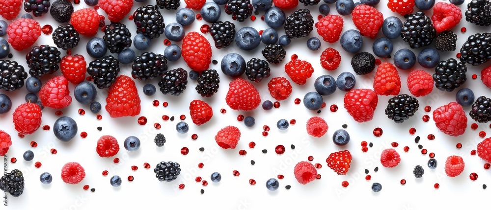 Raspberries, blueberries, and red raspberries are scattered on a white surface with seeds appearing as red and black dots Raspberries, blueberries, and red raspberries are scattered on a white surface with seeds appearing as red and black dots