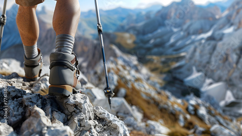 A man is hiking up a mountain with a pair of trekking poles