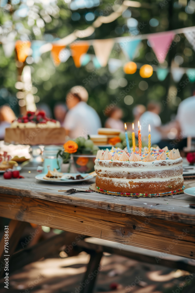 Birthday cake on a wooden table in sunny garden. Summer birthday party on backyard with garland and cake.