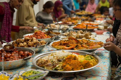 Eid al-Adha. Friends gathered around table sharing karahi dish at event. Generative AI