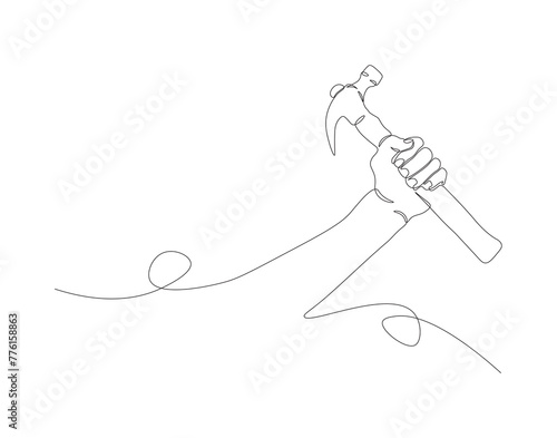 Continuous one line drawing of hammer. One line of hammer. Carpentry concept continuous line art. Editable outline.