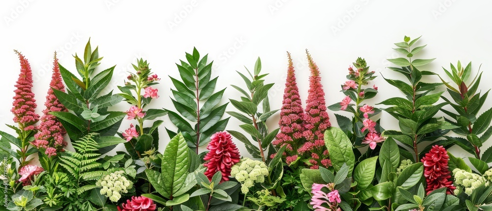   A collection of flowers arranged before a white wall backdrop
