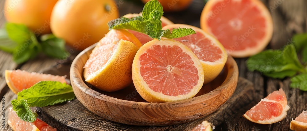 A wooden bowl holds half-cut grapefruits and mint sprigs on its rim A wooden bowl holds half-cut grapefruits and mint sprigs on its rim
