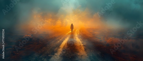 A person stands at a crossroads contemplating two paths symbolizing a difficult decision with potential consequences. Concept Decision-making, Crossroads, Contemplation, Life choices, Consequences