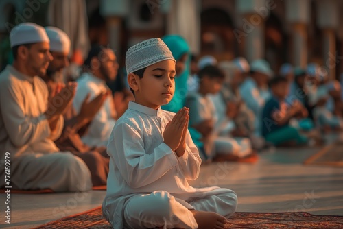 Eid al-Adha. A young boy is kneeling in front of people praying in a mosque. Generative AI photo