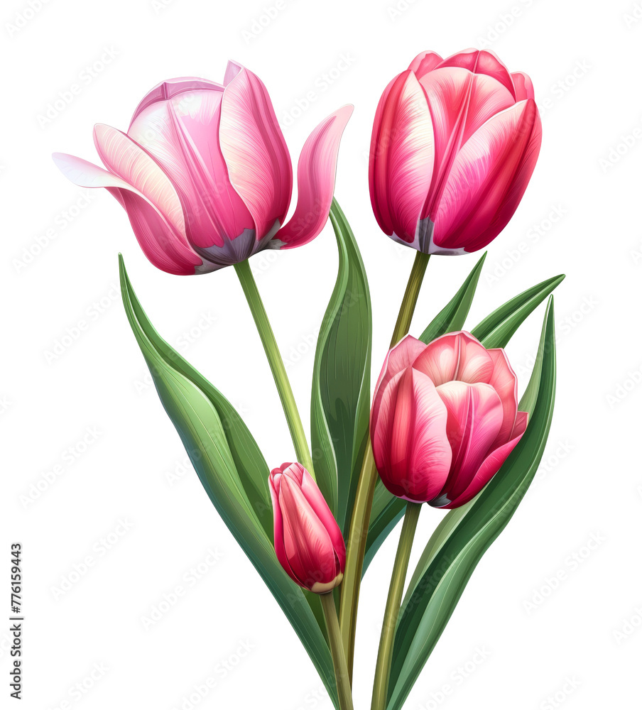 Pink tulips with delicate petals and green leaves isolated on transparent background Pink tulips with delicate petals and green leaves isolated on transparent background