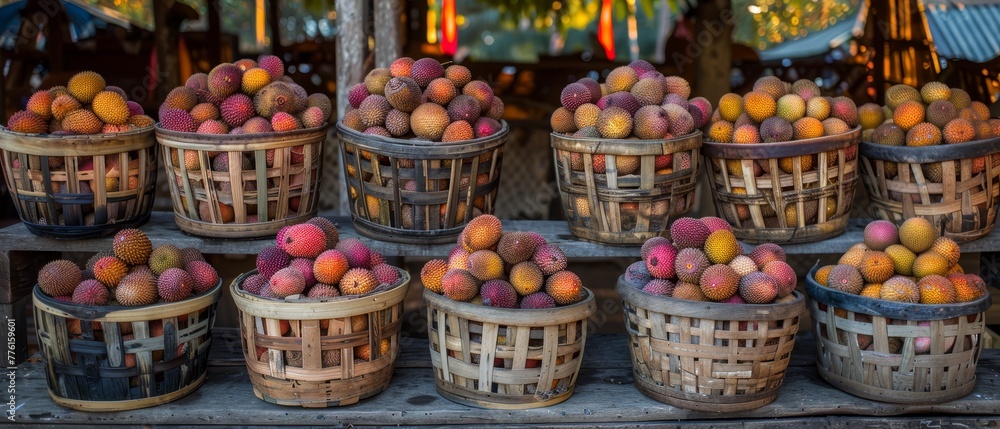   A collection of baskets brimming with fruit atop a weathered wood table, adjacent to a storefront window