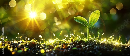  A green plant emerges from the ground against a radiant, blurred background