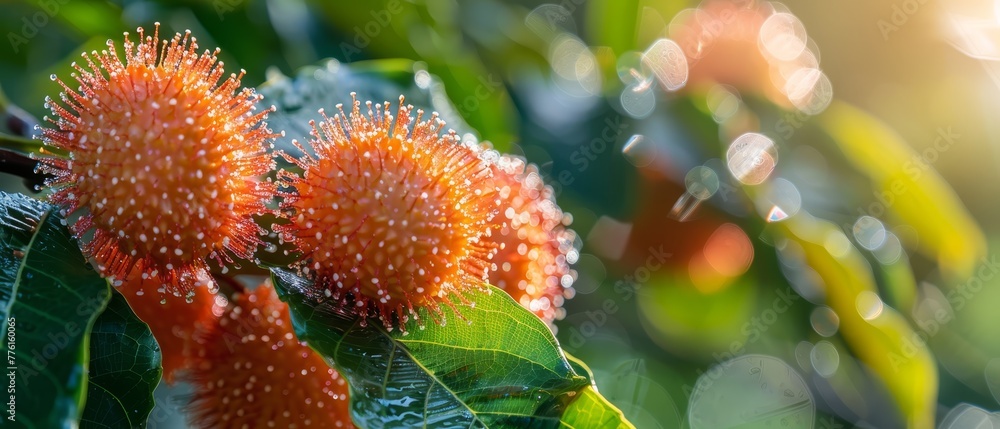 A tight shot of oranges blooms on a verdant, leafy branch, adorned with droplets of water A tight shot of oranges blooms on a verdant, leafy branch, adorned with droplets of water