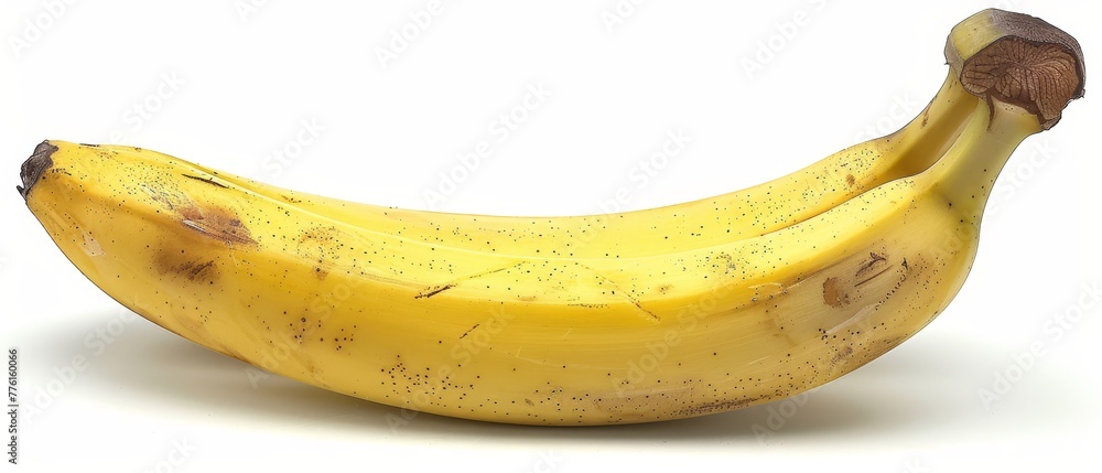 Two ripe bananas atop a white background; one bears a brown spot near its peak Two ripe bananas atop a white background; one bears a brown spot near its peak