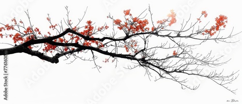   A tree branch  silhouetted against a white sky  bears red flowers in the foreground