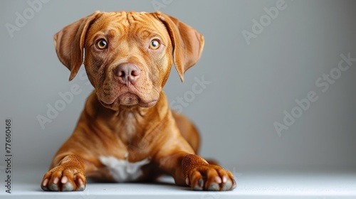  A tight shot of a sorrowful dog gazing at the camera with wide, expressive eyes while resting on the floor